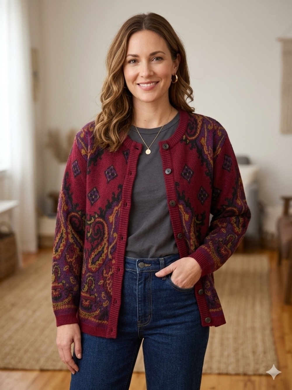 Vintage Wool Blend Burgundy Paisley Cardigan Sweater Boho Chic Grandpacore M